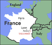 Map of France with Lyon, Annecy and Talloires indicated